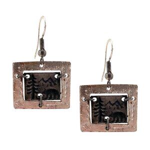 Anju Antiqued Pewter Wilderness Bear with Shiny Pewter Border Hook Earrings -NEW
